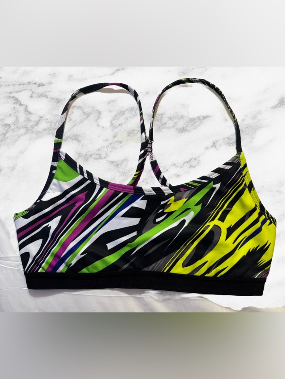Colorful Abstract Print Sports Bra - Neon Green, Purple, Black